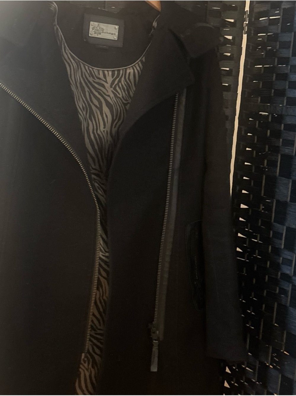 Mackage Black Wool-Blend Pea Coat with Zebra-Print Lining